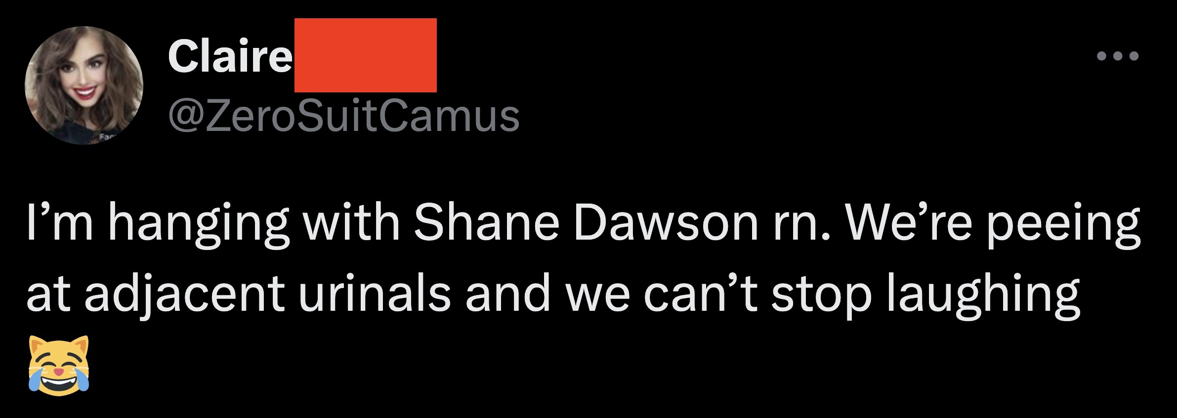 screenshot - Claire I'm hanging with Shane Dawson rn. We're peeing at adjacent urinals and we can't stop laughing